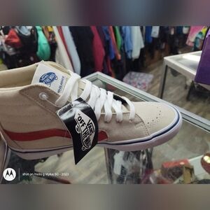 Vans Off The Wall Sk8 Hi High Top Beige/Red Suede Skate Shoes Mens 8.5 NEW